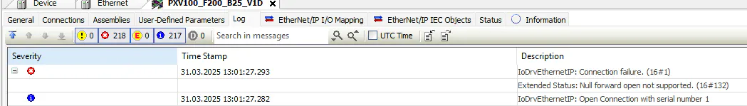 EtherNet/IP: Null forward open not supported