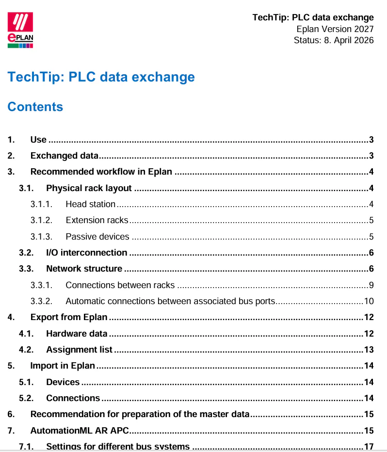 PDF cover page of the EPLAN TechTipp SPS-Datenaustausch guide showing table of contents