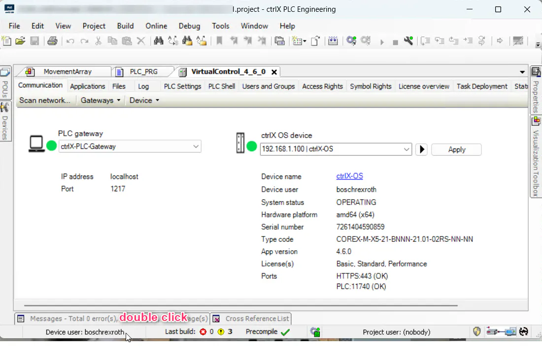 ctrlX Core does not connect via PLC engineering