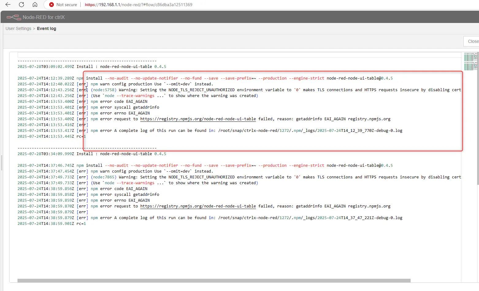 Node-Red package installation failure.
