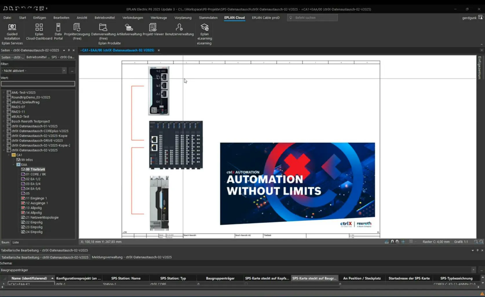EPLAN Electric P8 showing ctrlX hardware components in the project tree and tabular editor with station data