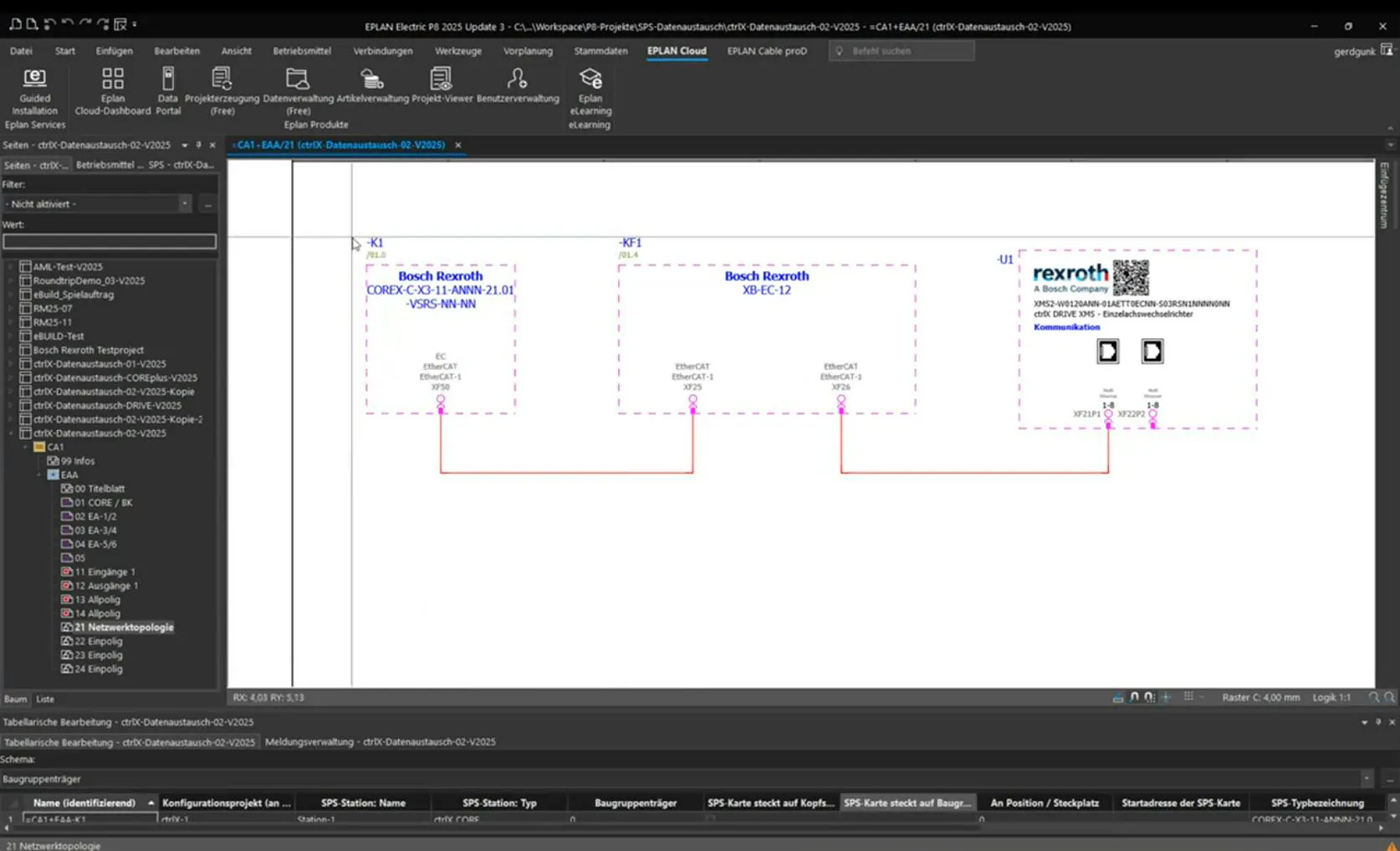 EPLAN schematic page 21 showing ctrlX CORE, XB-EC-12 bus coupler, and ctrlX DRIVE connected via EtherCAT