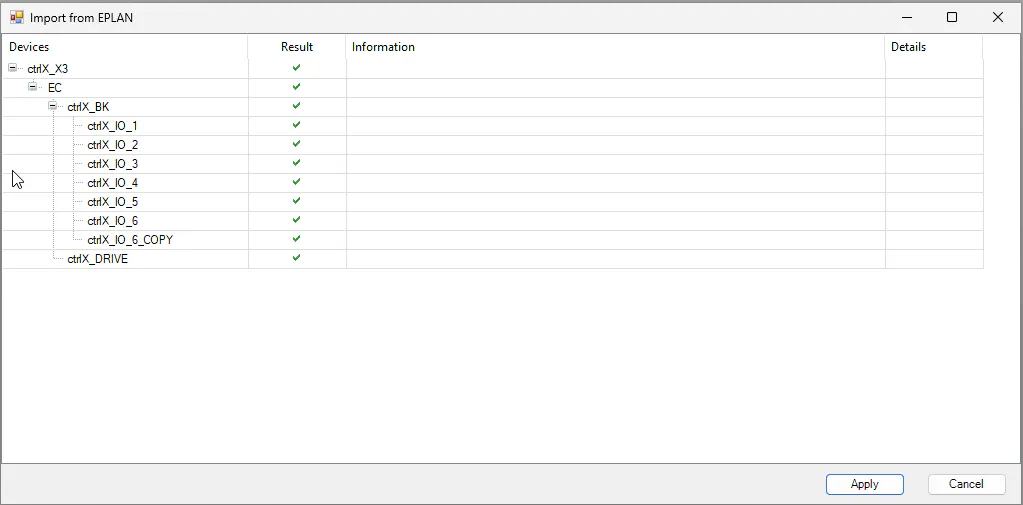 Import summary from EPLAN dialog, listing all imported components.