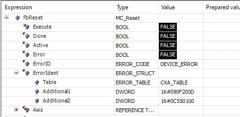 MC_Reset error code 0x090F200D when clearing axis fault
