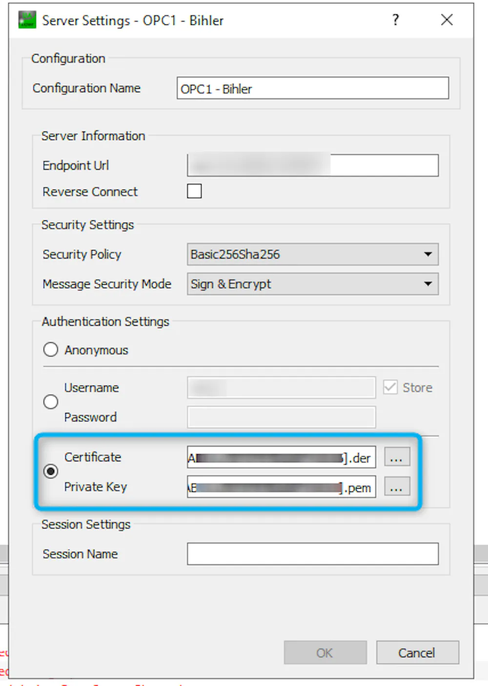 OPC UA Client connect using certificates