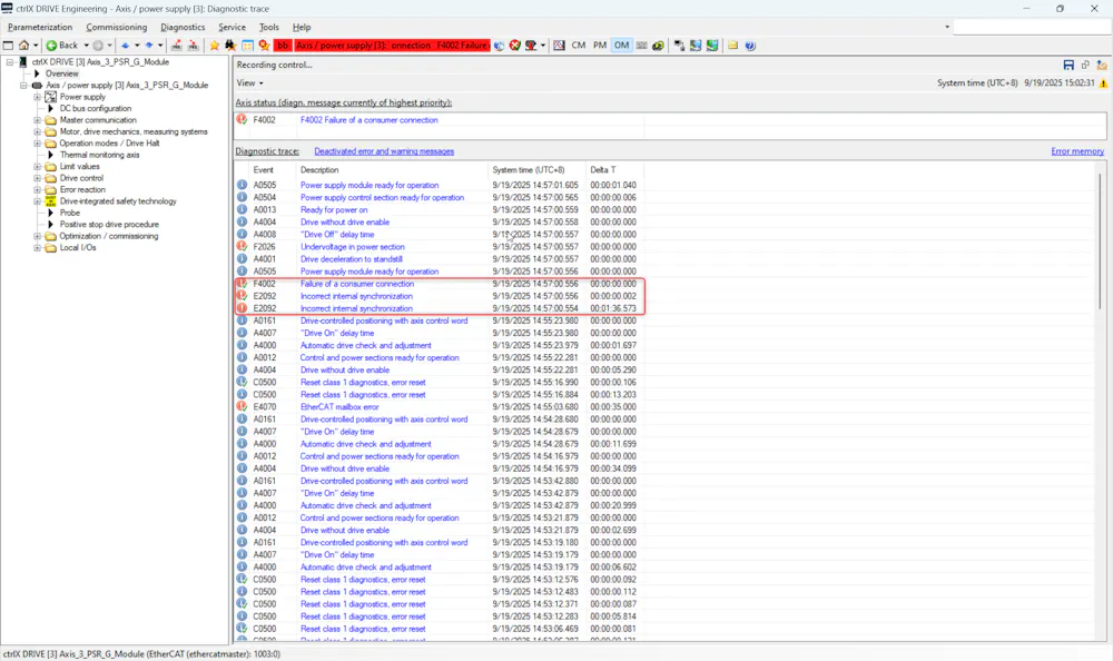 ctrlX Drive EtherCAT SOE E2092 then F4002 Error.