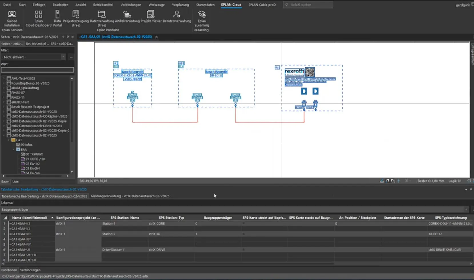 EPLAN tabular editor listing ctrlX CORE, BK, and DRIVE with station names, types, and rack data filled in
