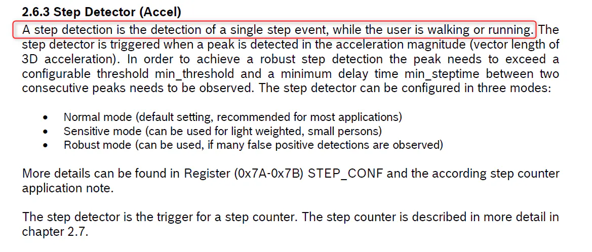 BMI160 walk/rest detection based on accelerometer values