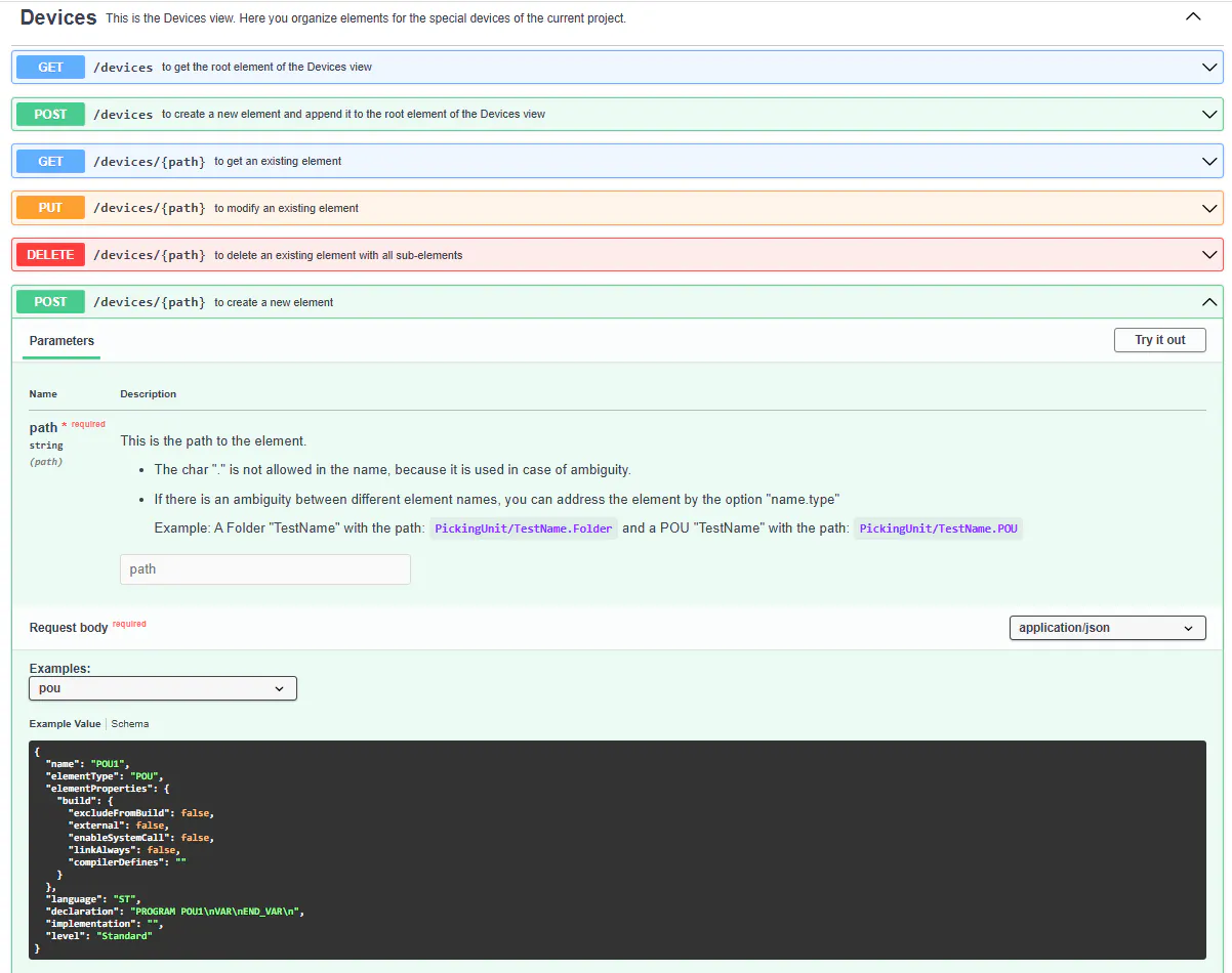 REST API for Devices side Creation of new project and creation of POU.