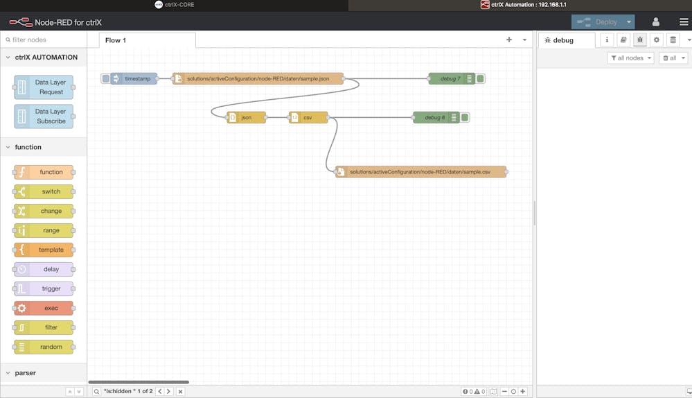 Export json to csv format using node red in ctrlx os