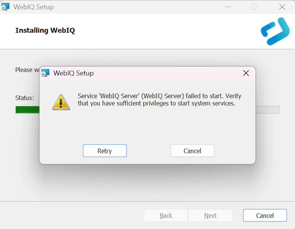 Failed to install WebIQ 2.15.7 because unable to start WebIQ server service