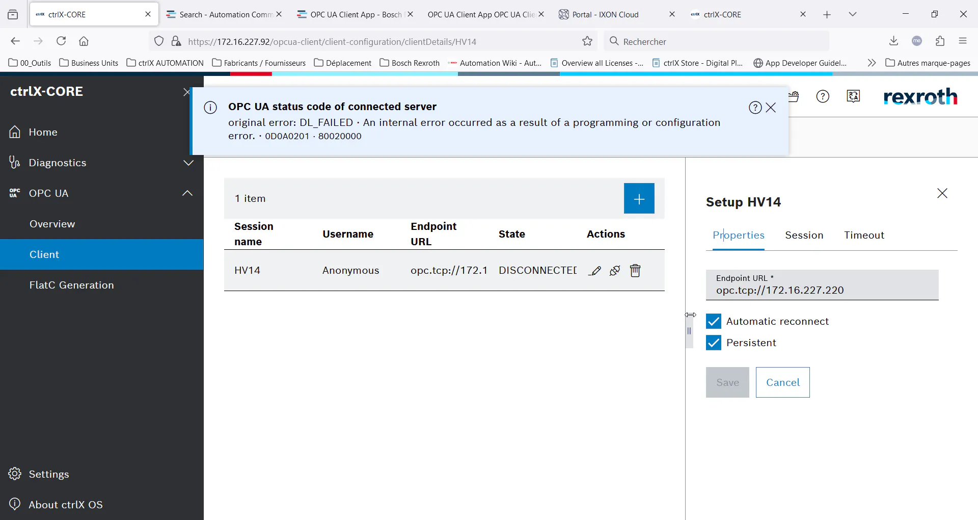 OPC UA Client DL_Failed error