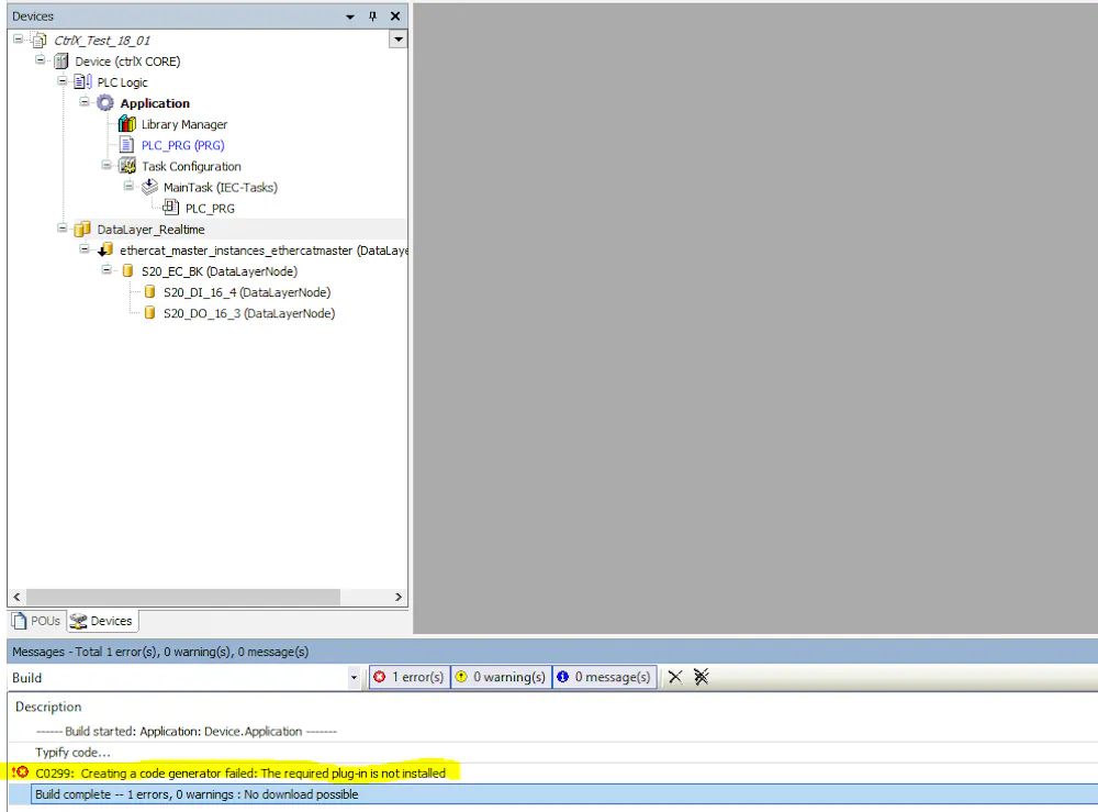 C0299 error - when generating code for ctrlX Core