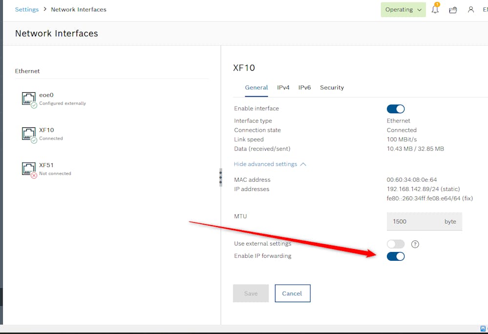 Enable IP forwarding of XF10 interface