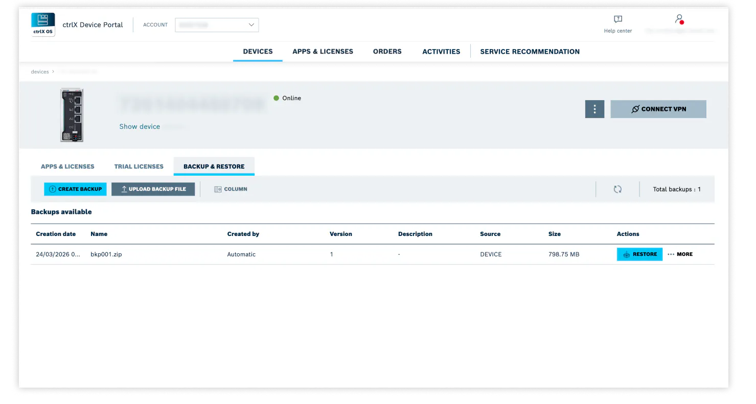 Image of device details - backup and restore section